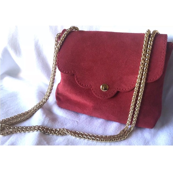 Genuine Suede Shoulder bag Red Scalloped Gold Chain Strap Italy - Picture 2 of 14